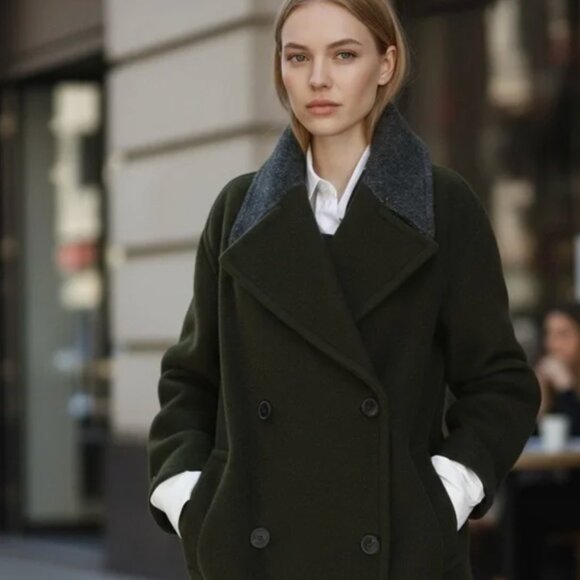 NWT Zara Monteco Wool Double-Breasted Long Coat with Gray Collar/ Olive Green M - Picture 4 of 16